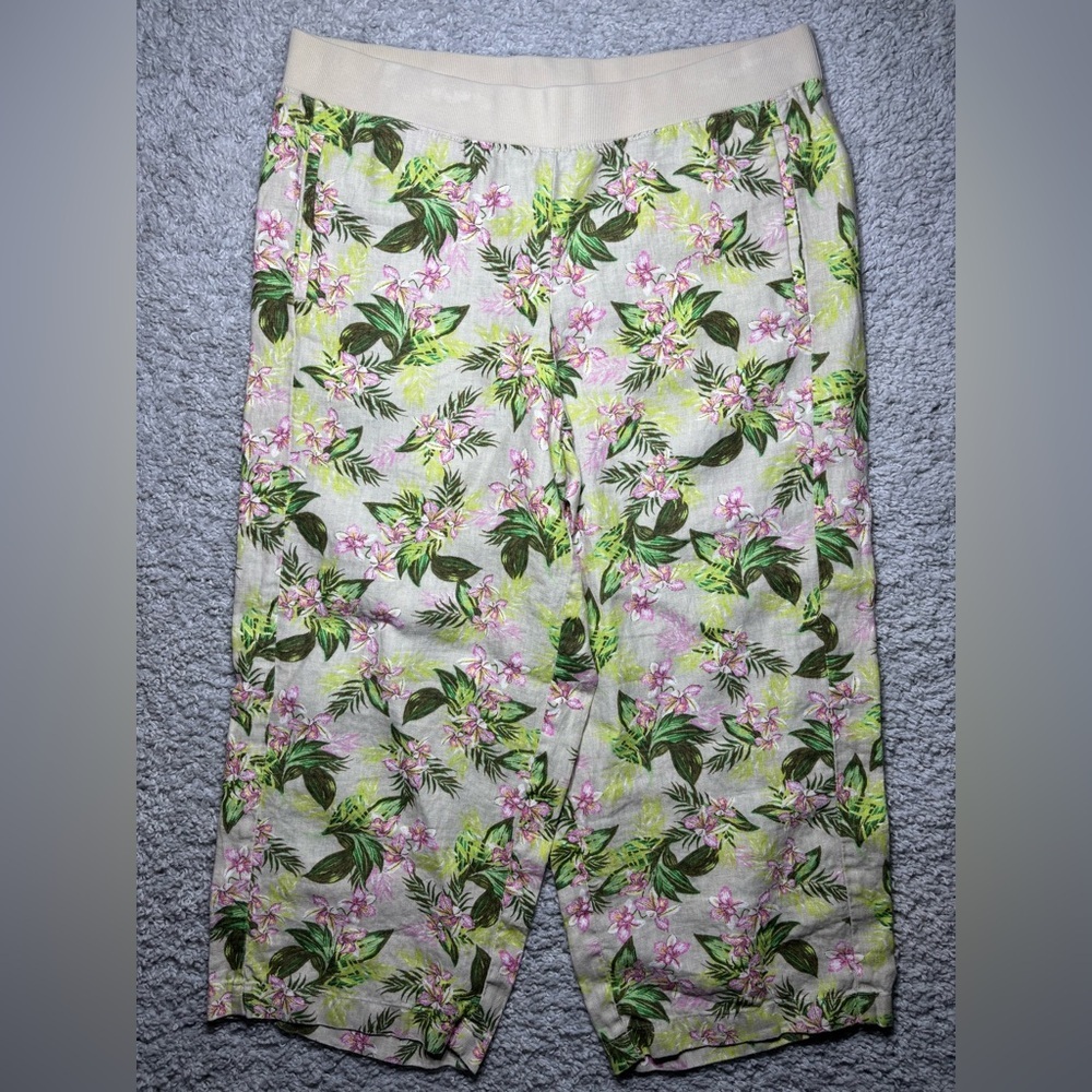 J. Jill Pants Womens Large Linen Wide Leg Elastic Waist Tropical Resort Vacation